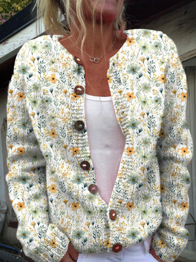 Amalia | Cardigan mit Aquarell-Rosenmuster und Knöpfen