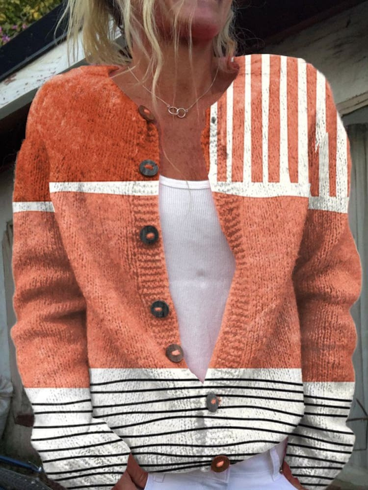 Retro Abstrakte Kunst Druck Lässiger Knopf-Cardigan Pullover