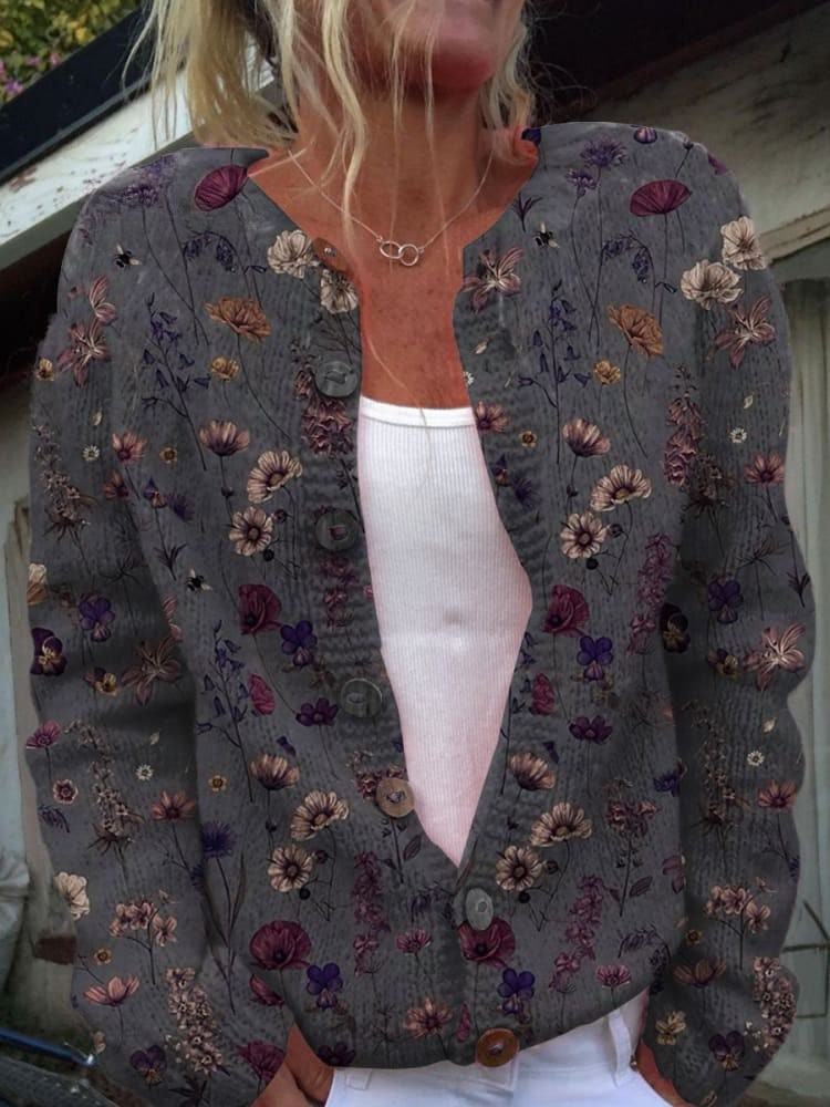 Blumenmuster Druck Knopf-Cardigan Pullover