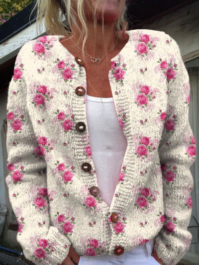 Amalia | Cardigan mit Aquarell-Rosenmuster und Knöpfen