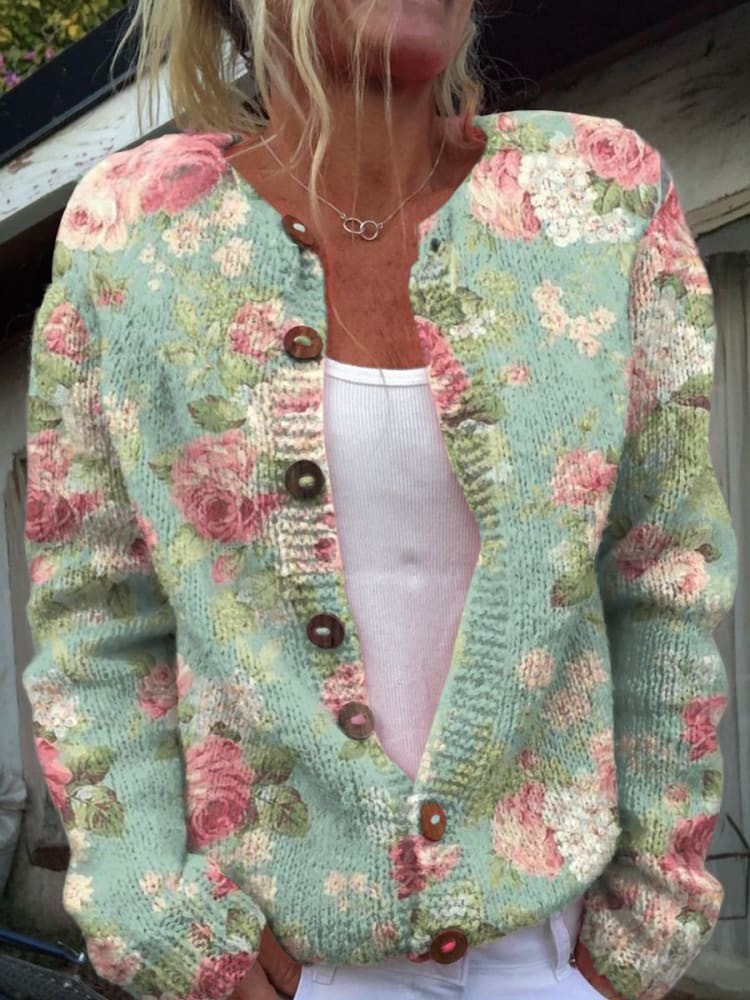 Frischer Retro Blumen Druck Knopf-Cardigan Pullover
