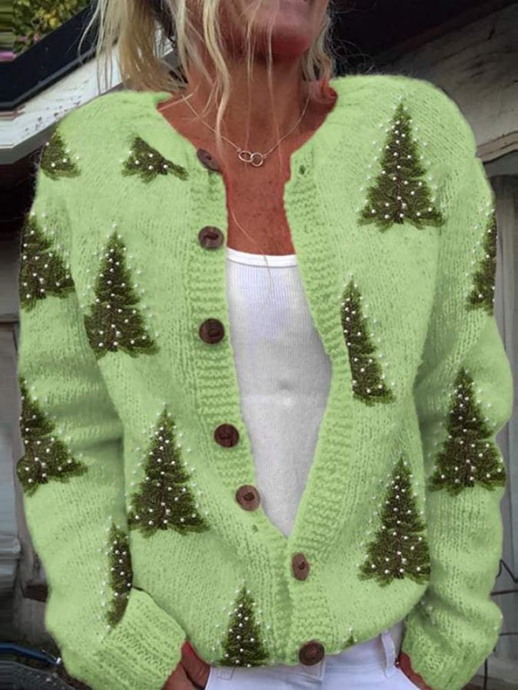 Damen Schöner Weihnachtsbaum Kunstdruck Knopf-Cardigan Pullover