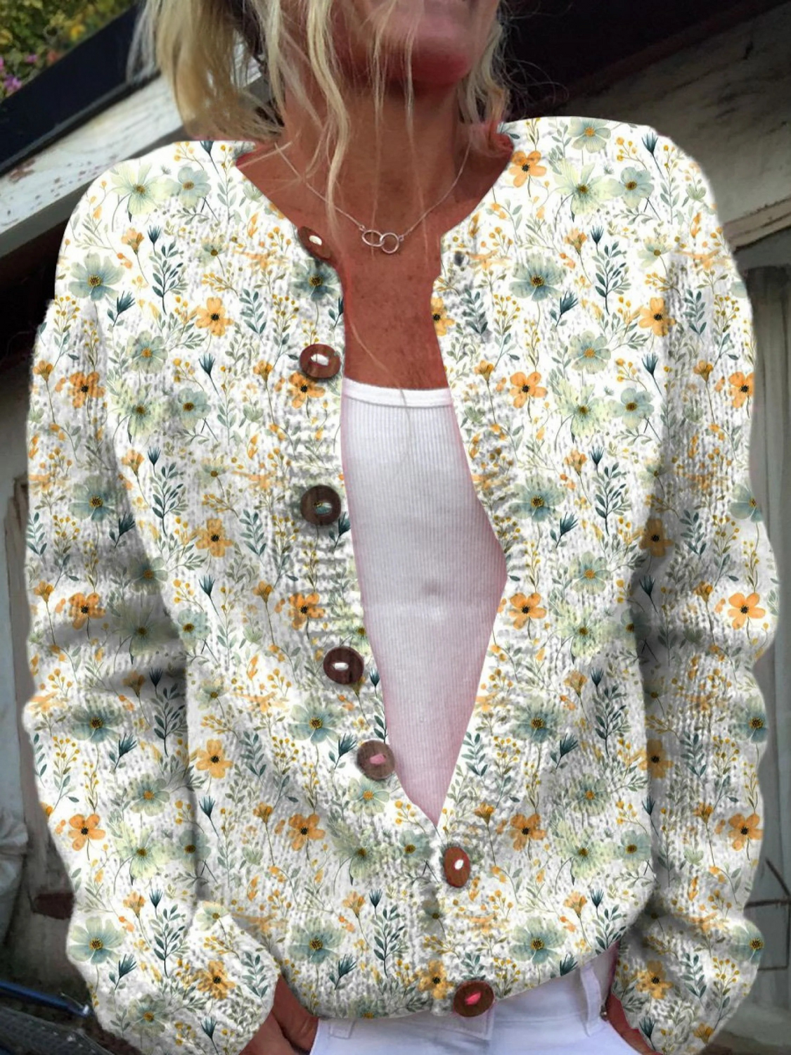 Wunderschöner Blumenmuster Druckknopf-Cardigan