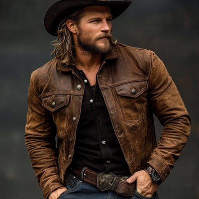 Vintage Herrenjacke aus abgenutztem PU-Leder mit Revers – Modell Szymon