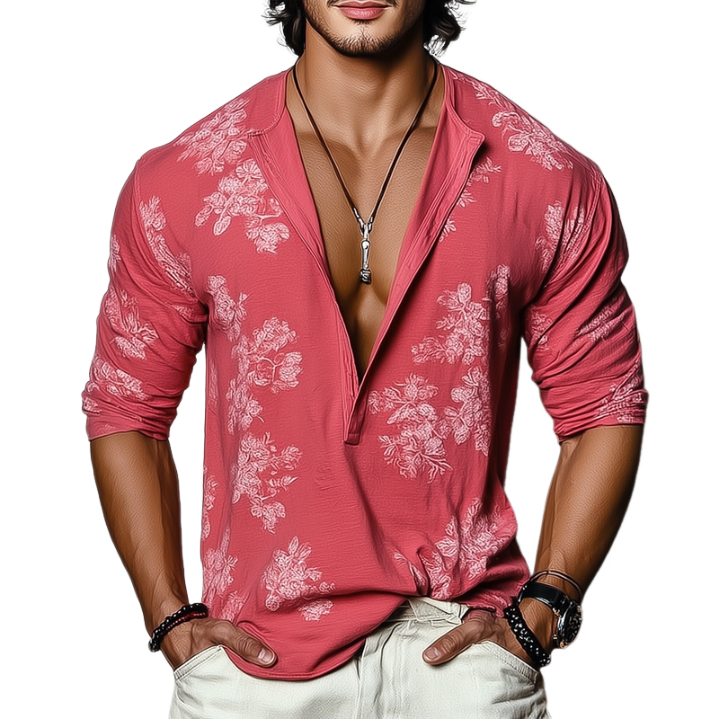 Herren T-Shirt Igor mit langen Ärmeln und floralem Henley-Kragen