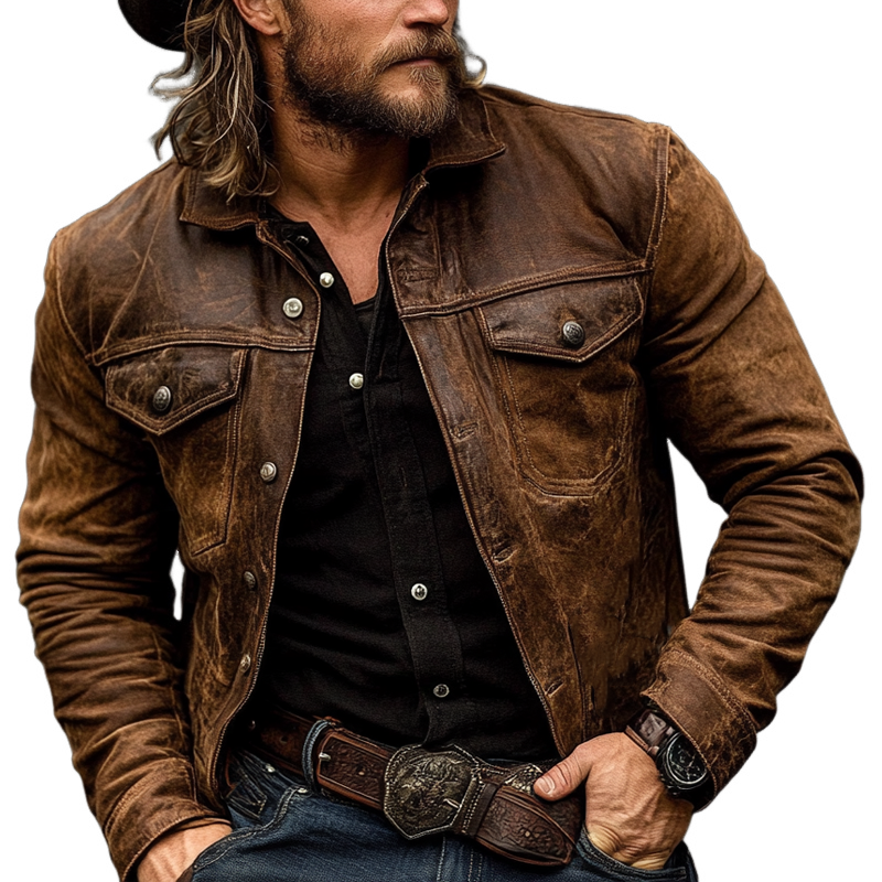 Vintage Herrenjacke aus abgenutztem PU-Leder mit Revers – Modell Szymon