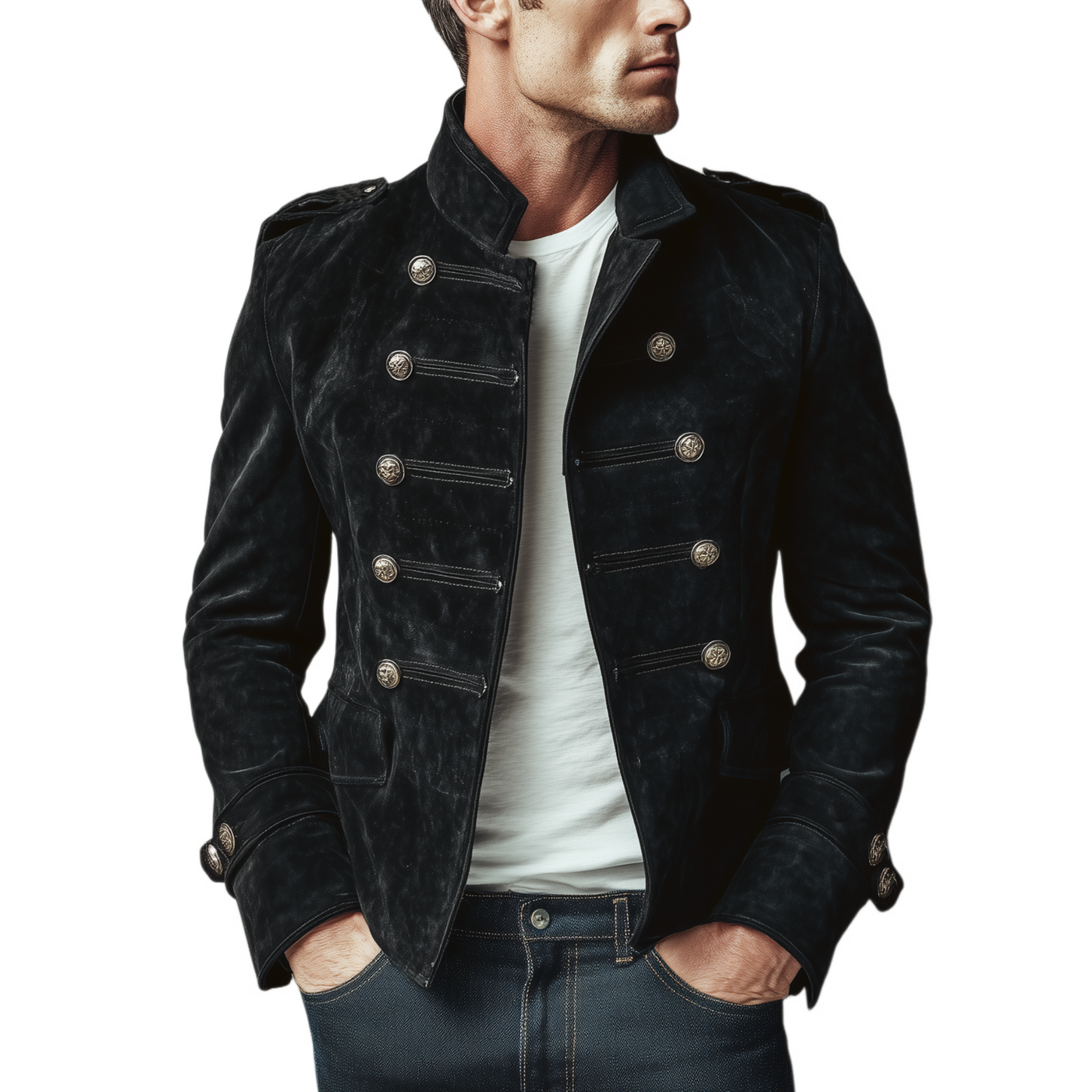 Retro-Doppelreiher Herren-Wildlederjacke mit Stehkragen Slim-Fit Marcel