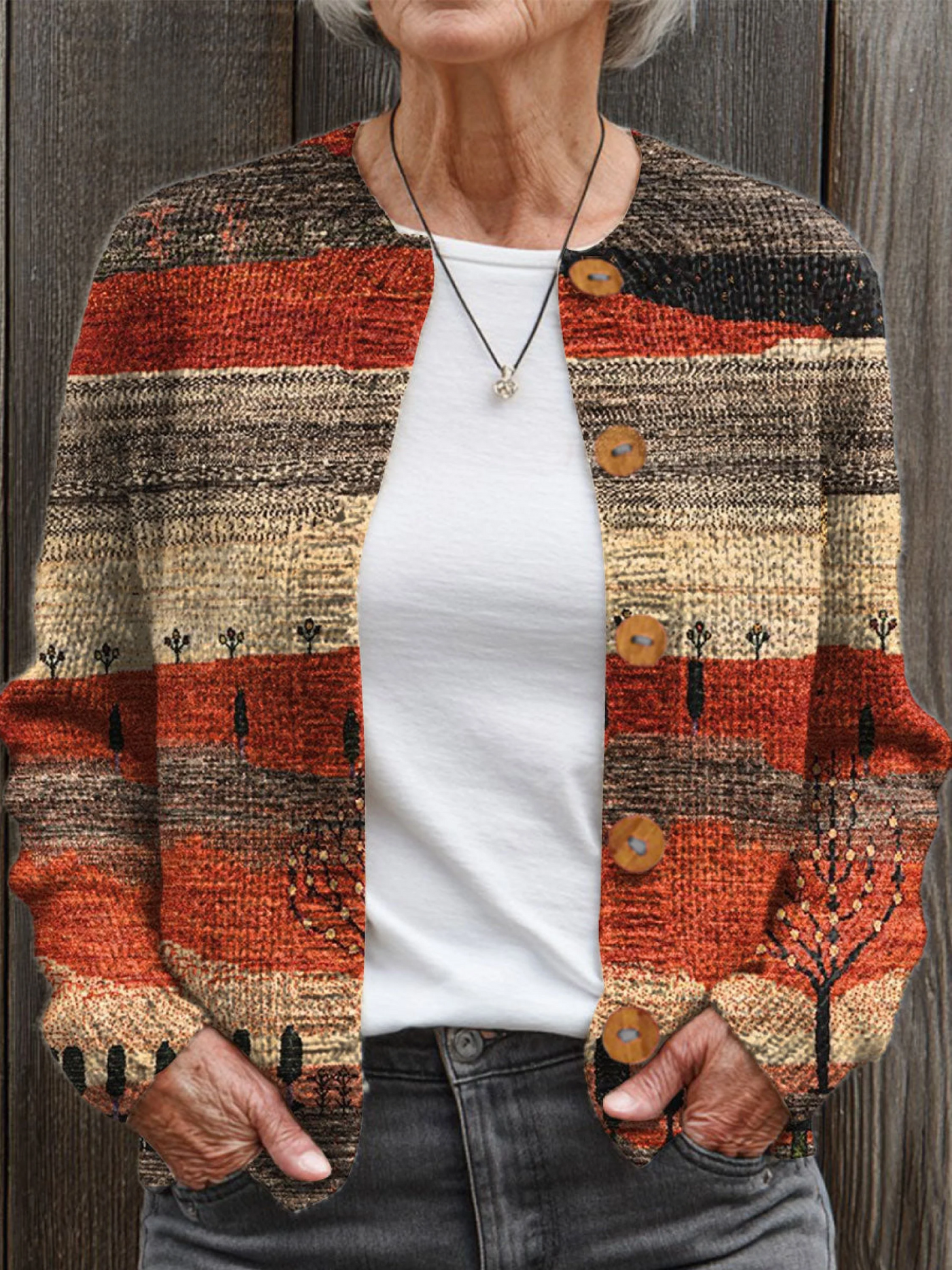 Vintage Kunst Druck Knopf-Cardigan Pullover
