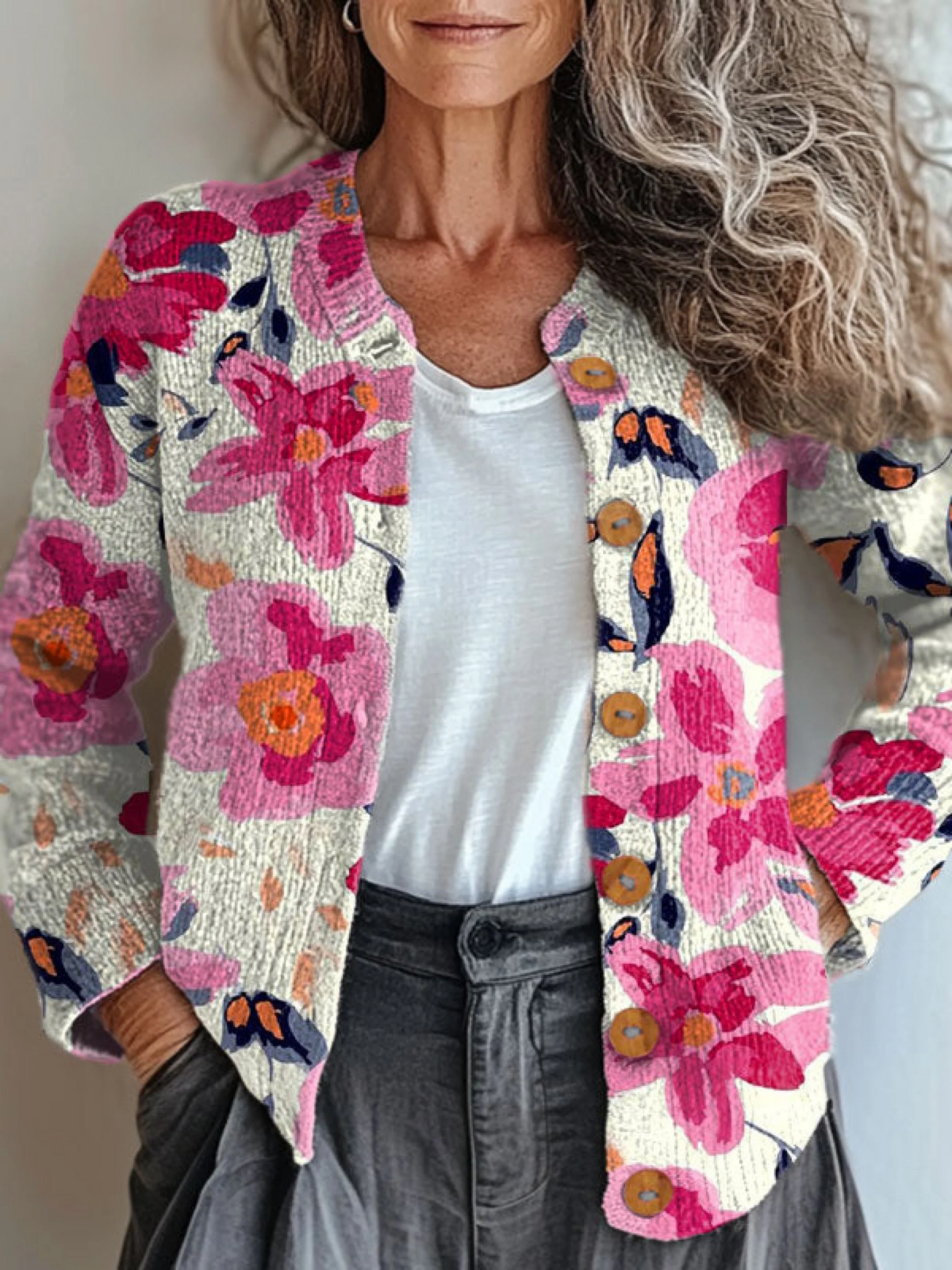 Vintage-Blumenkunst-Druck Knopf-Cardigan Pullover
