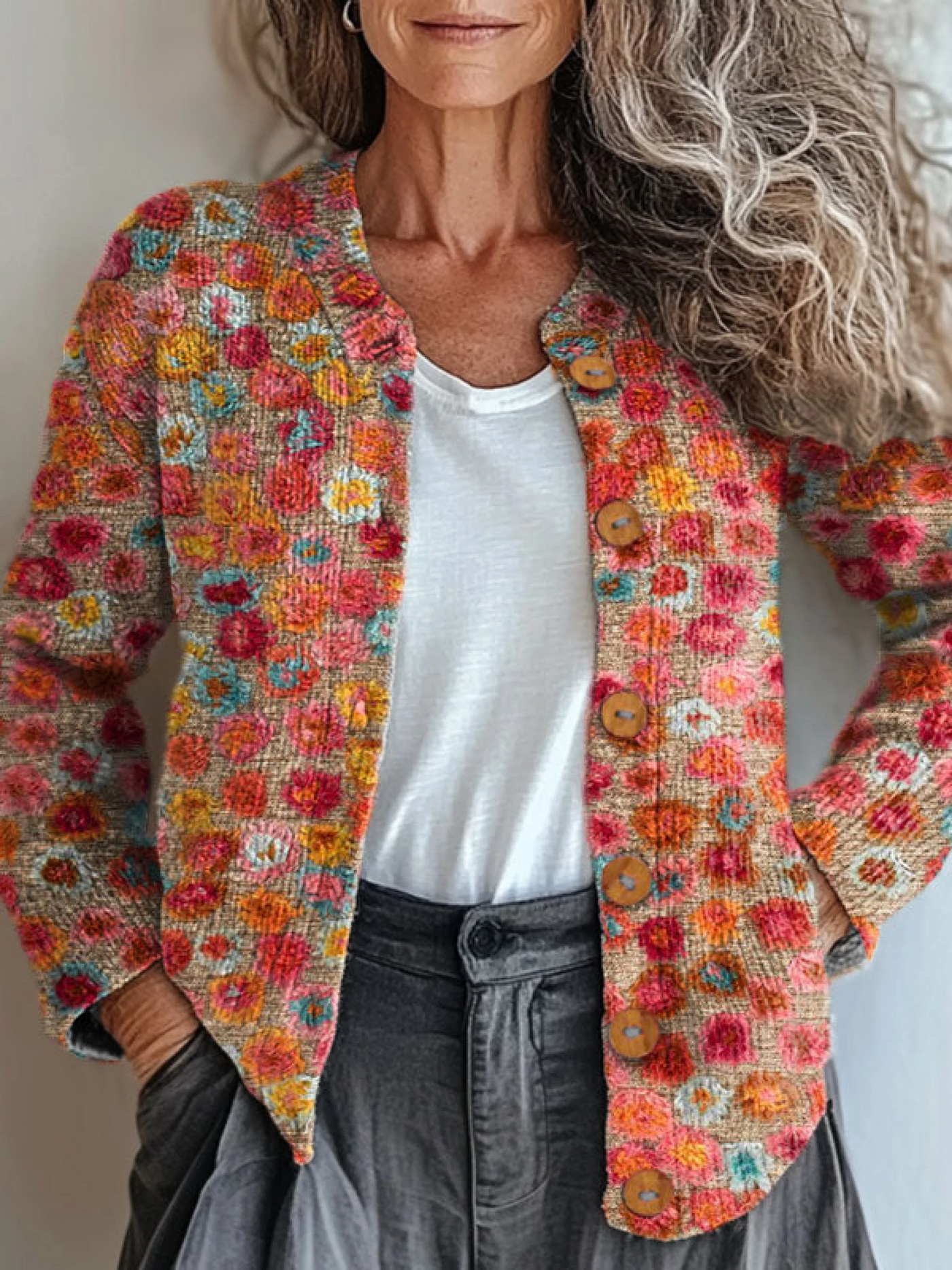 Vintage Blumen Kunst Druck Knopfpullover
