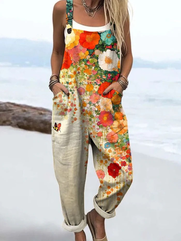 Vintage Blumen Overall für Damen - Problemloser Stil und Ganztägiger Komfort