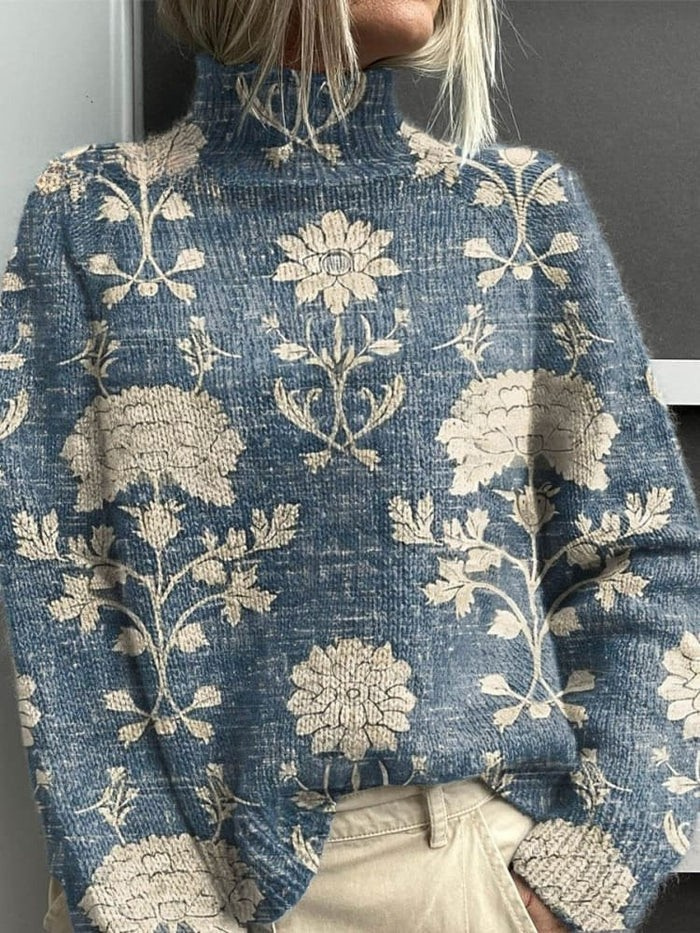 Damen Vintage Hübscher Floral Kunst Druck Strick Turtleneck Pullover
