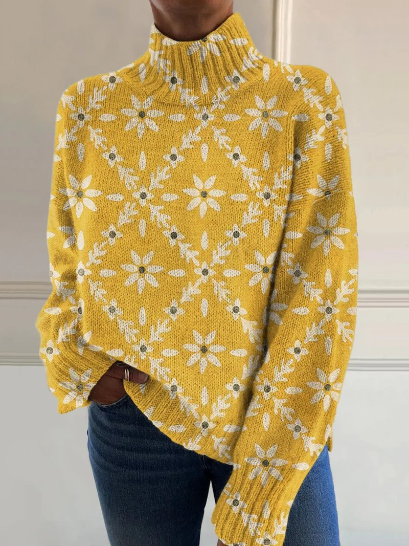 Vintage Farbblock Blumen Kunstdruck Strick Rollkragenpullover