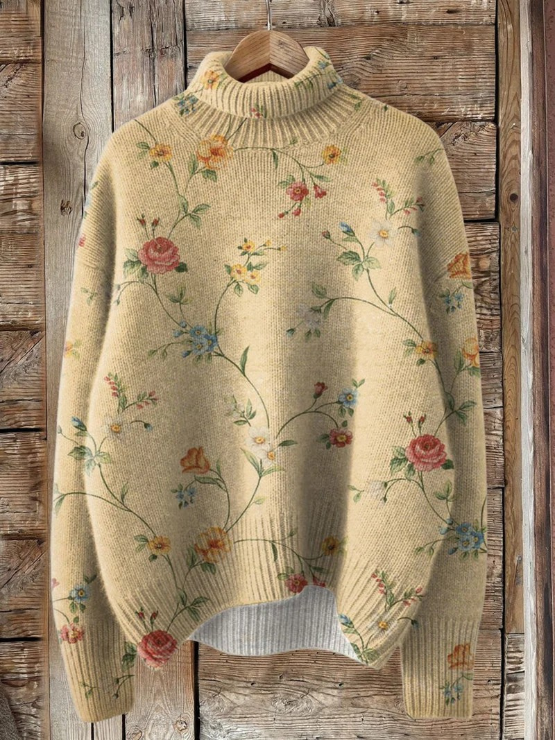 Vintage Hübscher Floral Art Print Strick-Turtleneck Pullover