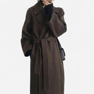 Damen Langmantel aus Wolle – Minimalistisches Design mit Gürtel