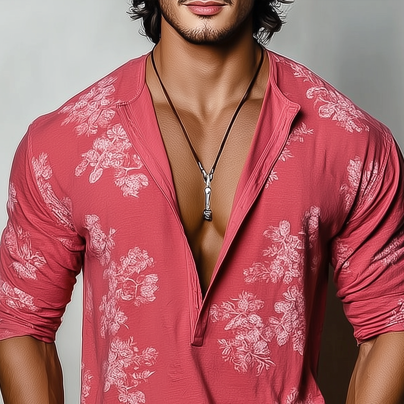 Herren T-Shirt Igor mit langen Ärmeln und floralem Henley-Kragen
