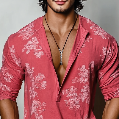 Herren T-Shirt Igor mit langen Ärmeln und floralem Henley-Kragen