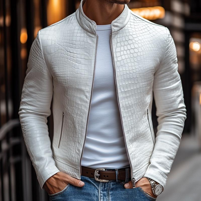 Herren-Lederjacke Igor mit Stehkragen, Steinmuster und Reißverschluss, taillierte Passform